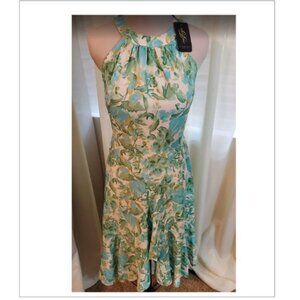 Dressystar XL Blue/Aqua Green Floral S Halter Dress- Split-ruffled hem New/Tags